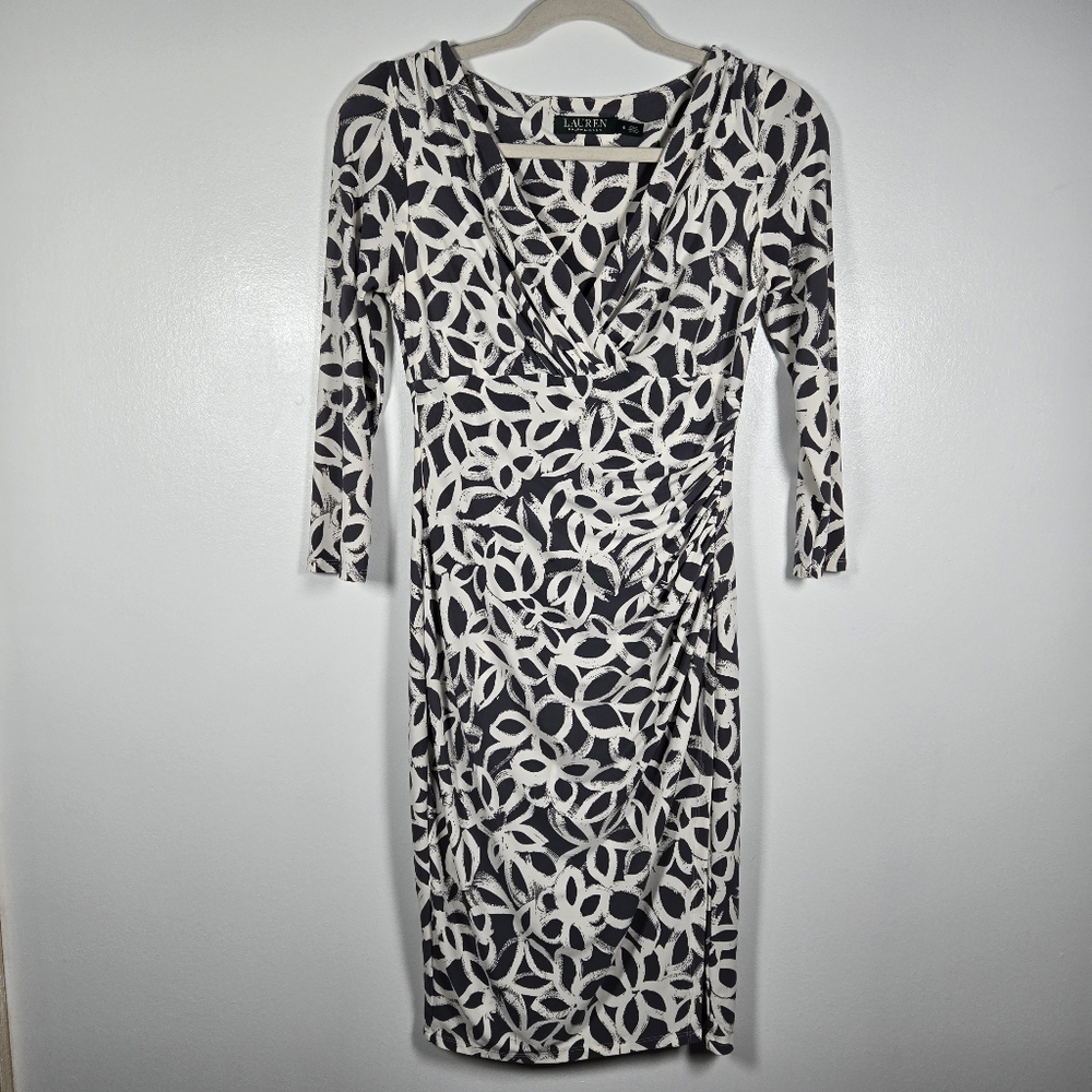 Lauren Ralph Lauren Gray White Abstract Print V-Neck Faux Wrap Midi Dress Size 2